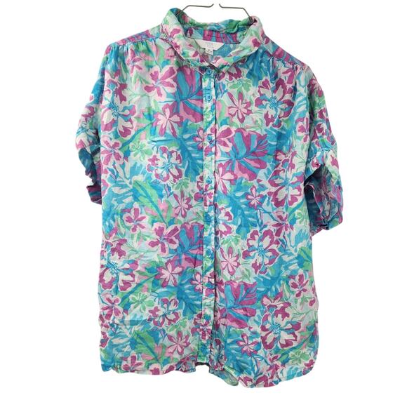 Time and Tru Tops - Time & Tru Blue Floral Print Button Down Short Sleeve Top Womens Size XL (16-18)